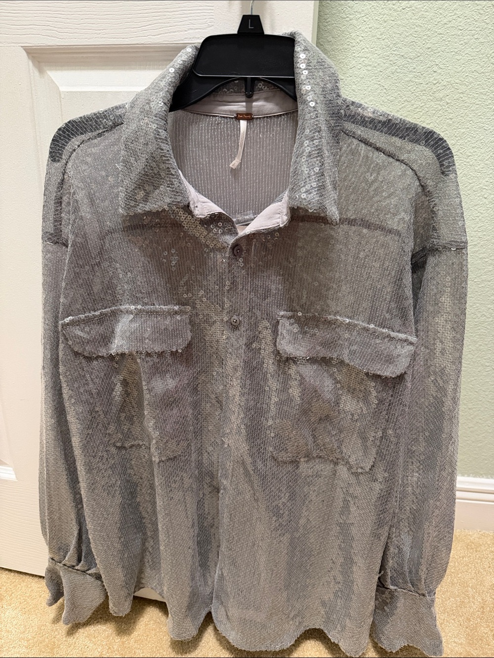 Free People Silver Gray Sequin Button-Up Shirt Jacket